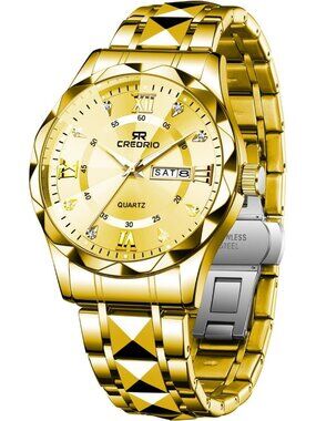 Mens Gold Stainless Steel Waterproof Diamond Analog Quartz Luminous Wrist Watch